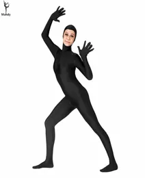 Wholeblack Womens Full Body Face Open Lycra Spandex Zentai Suit Assume Zipper Long Sleeve Hood Unitard مع قدم وأيد 9216211