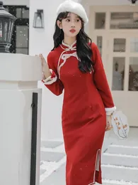 فساتين غير رسمية W4M Red Cheongsam 2023 Young Hight Heading Toasting Bride Senior Sense Autumn Winter Long Sleeve Dress