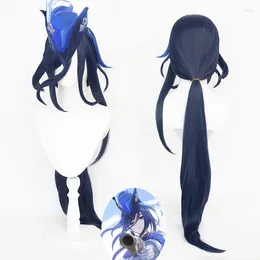 파티 용품 Genshin Impact Fontaine Clorinde Cosplay Wig 80cm 진한 파란색 긴 스트레이트 하이라이트 염색 머리 방지 합성 가발