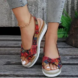 Sandalet Geometrik Desen Slingback Kadınlar 2023 Yaz Konforlu Tuval Kama Bohem Ayakkabı Açık Mekan Kadın