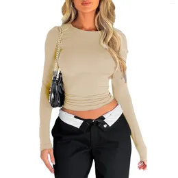 T-shirt da donna da donna rosa manica lunga causale crop top per donna autunno verde militare o collo pullover base magliette aderente maglietta