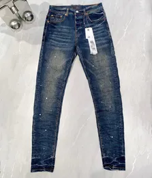 Mäns jeans köper designer män lila varumärke förstörda denim byxor rippade nödställda mager smala stretchbyxor