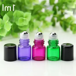 3600pcs 1ml 스테인레스 스틸 롤러 볼과 블랙 캡 무료 배송 된 에센셜 오일 빈 향수 병에 1ml 화려한 유리 롤