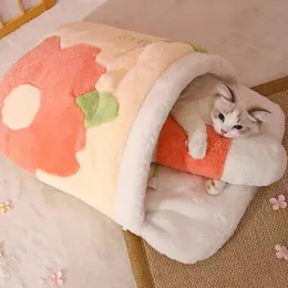 Japanese Sakura Warm Cat Bed Cat Sleeping Bag Deep Sleep Winter Dog House Cats Nest Cushion With Pillow Removable Pet Products 231222