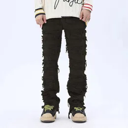 European hot style men's stacked jeans street clothing retro patches torn denim straight legs latest men's pants 231222