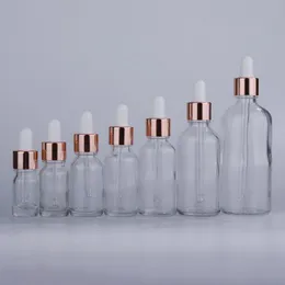 Partihandel glasåfyllningsbara droppflaskor 5-100 ml tom eterisk oljebehållare med nya rosguldlock bbwph