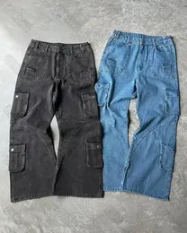 Spodnie workowate dżinsy vintage sznurka luźne spodnie nóg swobodne duże kieszeniowe spodnie ładunkowe y2k dżinsowe męskie odzież 231222