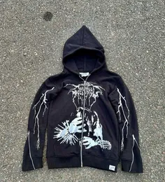 Herrtröjor tröjor y2k vintage gothic åskbokstäver tryck svart dragkedja hoodie för män och kvinnor personlig manschett dragkedja cardigan jacka t231222