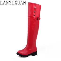 Boots Lanyuxuan Botas Super Big Size 30 52 Kvinnor över knä halv kilstövlar kvinna snö botas mode vinter varma skor skor x01