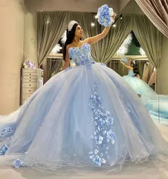 Quinceanera Dresses Light Blue Prom Party Ball Gown 3d Floral Appliques Custom Zipper 레이스 업 플러스 크기 새로운 전사 DE Sweet 15 Sleeveless Crystal Sweetheart