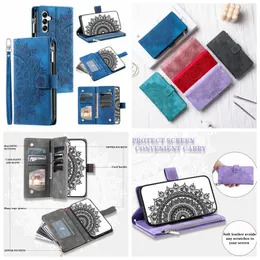 Multifunctional Flower Leather Wallet Cases For Samsung S24 Ultra Plus A05 A05S A15 A35 A55 Xiaomi 14 Pro Totem Lace Zipper Pocket 8 Card Slot Holder Flip Cover Pouch
