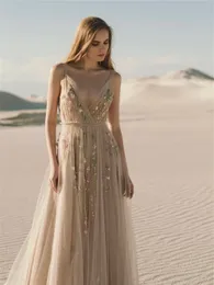 Champagner Blumenhochzeitskleid für Frauen Spaghetti -Träger Tüll eine Linie Braut Kleider gegen Hals billige Brautkleid Robe de Mariee