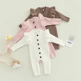 0708 Lioraitiin 018M Baby Girls Knitted Long Sleeve Jumpsuit Fashion Solid Round Neck Button Casual Romper 231221