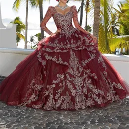 Süße 15 Kleider Barockstil schimmernden Ballkleid Quinceanera Kleid Prinzessin Langes Illusion Ärmeln Luxus Spitzer Applikationen Promkleid Kleid