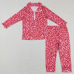 Bekleidungssets Großhandel Baby Girl Valentinstag Langarmes Leopard Reißverschluss Hemd Kinder Hosen Kinder Set rosa Pyjamas Outfit