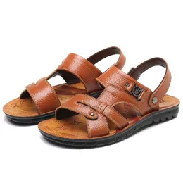 Sandaler strandskor män äkta läder sandaler trend fritid övre lager kohud baotou latex pad sandaler sko student nonslip dualuse