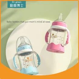 Dr.Green Wide Bocal Bulg Buned Baby Bottle Glass 150ml/240ml Base anti-deslizamento com alça mamilo em forma de pétala anti-cólica 231222