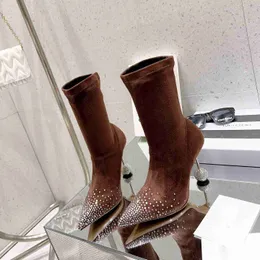 Aquazzura 105mm Disco Ball Thiled Calf Suede Rhinestone High Heeled Oneled Boots Boots Women's Women Withours Party Party Shoes Factory Factory Factory