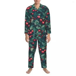 Cerejas de dormir masculinas impressam as folhas verdes de primavera casual pijama conjunta