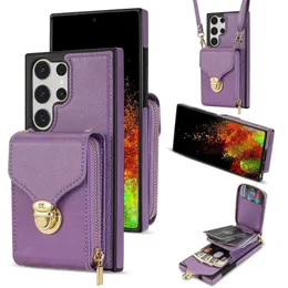 Case Portfel Pack Skórzane skrzynki dla Samsung S23 Ultra S22 Plus S21 Fe A54 A14 A12 5G A53 A13 Wielofunkcyjny zamek błyskawiczny Pu Lady Cash So Cash