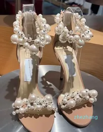 Famous Summer Maisel Sandals Shoes White Pearls Embellished Women's Evening Bridal High Heels Designer Lady Elegant Pumps