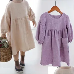 Abiti per ragazze ragazze Autunno primavera abbigliamento per bambini in cotone biologico a doppia garza in tasca sciolta abito da bambino principessa casual dhqj4