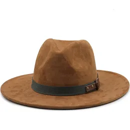 Männer Wildleder Fedora warmes Jazzhut Chapeau Femme Feutre Panaman Cap empfunden Frauen Hüte mit Perlengürtel Vintage Trilby Caps 231221
