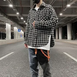 Men's Casual Shirts Black And White Checkerboard Curved Hem Slit Loose Shirt Mens Streetwear Lapel Oversized Pockets Color Block
