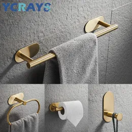 Ycrays No Drilling Gold 욕실 액세서리 세트 화장실 조직 롤 홀더 타월 랙 바 Rail Robe Robe Hook 하드웨어 231222