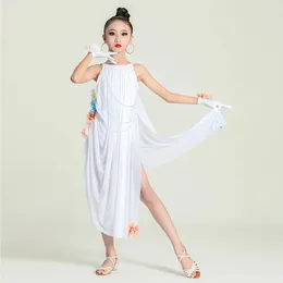Стадия ношения детей Samba Chacha Rumba Dancewear Девушки белое латиновое танцевальное платье без рукавов танцы xs7462