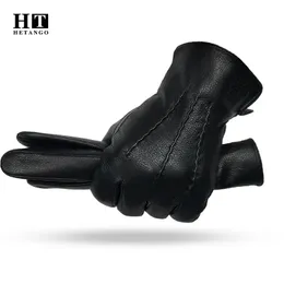 Winter Mens Leather Gloves Warm Soft Black Sewing Design Mittenskin Buckskin Imitate Wool Lining 231221