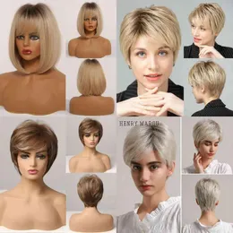 Wigs Hair Synthetic Wigs Cosplay Henry Margu Dark Root Ombre Brown Blonde Short Hair Wigs Fluffy Pixie Cut Synthetic Wig for Black Whit