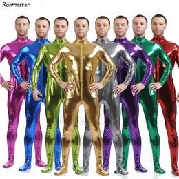 Erkekler lateks takım elbise siyah parlak metalik taytlar altın zentai başsız unitard cilt bodysuit fermuar ön tulum 231221