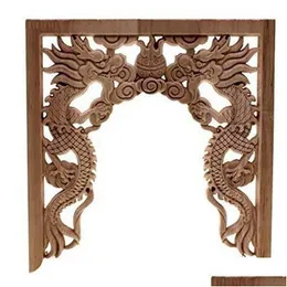 الجدة العناصر الصينية منافذ Double Dragon Play Bead Wood Wood Corner Corner Wooden Curving Secal Decor