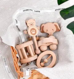 Log Beech Wood Solid Baby Bite 5 Piece Set Elephant Pacify Molar Stick Handbell Ring Diy Wooden Toy Case 231221