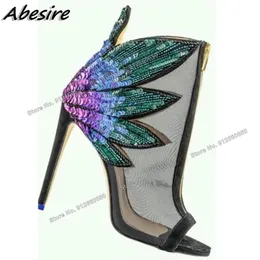 Boots Abesire Mixed Color Air Mesh Sandal Boots Front Zipper Peep Toe Fashion Pachwork Runway Boots Women Shoes Party Shoes On Heels