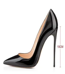 Mulheres Design clássico de ponta -de -dedo preto Bombas de couro Patente Sapatos de marca de 10 cm 12 cm de salto alto Sapatos de casamento baratos4642766