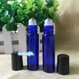 10 ml blå glasrulle flaskor med SS -boll för parfymer av eterisk olja aromaterapi och läppbalsam gratis DHL fraktglas sminkar flaskor oljep