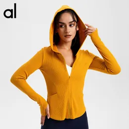 AL Yoga Hoodies Espartilho com nervuras Jaqueta com zíper completo Jaquetas com capuz de manga comprida Moletons justos na altura do quadril Casacos de malha sem costura Jogger SweatTops com furos para os polegares