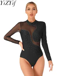 Stage Wear Women's Teen Glitter Rhinestone Ballet Dance Leotard Mesh Long Sleeve Gymnastics Leotards Bodysuit Acrobatics Skating Costumes