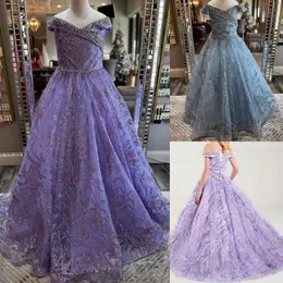 Girl Preteens Pageant Dress 2024 Glitter Tulle Off-Shoulder Little Kid Birthday Formal Party Gown Infant Toddler Teens Tiny Young Junior Miss Runway Lace-Up Lilac Sky