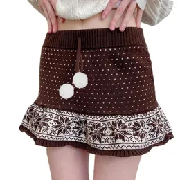 Skirts Snowflakes Knitted A-Line Flared Hem Mini Skirt Pompom Lace-Up Low Waisted Vintage Cute Aesthetic Short For Women