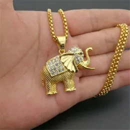 Iced Out Zircon Elephant Pendant Animal Necklace Jewelry Golden Color 14K Gold Bling Cz Mens Hip Hop Pendant For Women