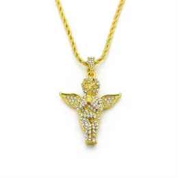 Mens vintage Angel Wing Pendant Rope Chain 18K Gold Plated Iced Out Necklace 24 Inch Long319a