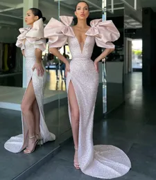 Luxury Women Sequins Evening Dress 2024 V-neck Bow Knot Ruffle Sleeves Pleats Slit Satin Prom Birthday Pageant Gowns Vestidos De Fieast Robe De Soiree