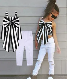 kids designer clothes 2019 Summer Baby Girls Outfits Girls Sets Plaid Clothing Shoulderstraps Bow Stripe Top Long Pants Child Out6723910