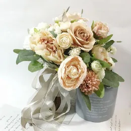 Hochzeitsblumen 33x30 cm Braut Bouquet Home Blumengeschäft Event Milk Tea White Simulierte Blumenbündel 593
