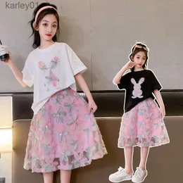 Skirts Teen Girls Clothing Sets Summer Children Fashion Heavy Industry Pearl Flower Tops + Skirt 2Pcs Outfits Kids Tracksuit 5-14 Years YQ231223