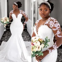 Plus Tamanho Aso Ebi Vestidos de noiva Sereia Mangas compridas Mangas compridas Vestido de noiva com miçangas de renda para mulheres negras africanas lindas vestidos de noiva de tule de camada CDW168