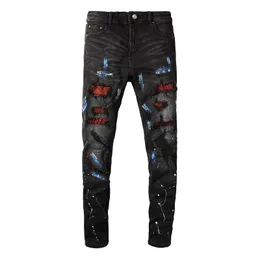 American fashion denim casual trousers cotton youth black Paint hole patch men's jeans slim amiryes usa size